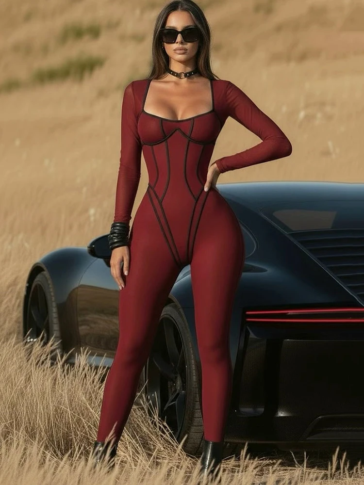 

Sibybo Лоскутные спортивные комбинезоны с открытой спиной, женские осенне-зимние облегающие комбинезоны с квадратным воротником и длинными рукавами, новые сексуальные комбинезоны