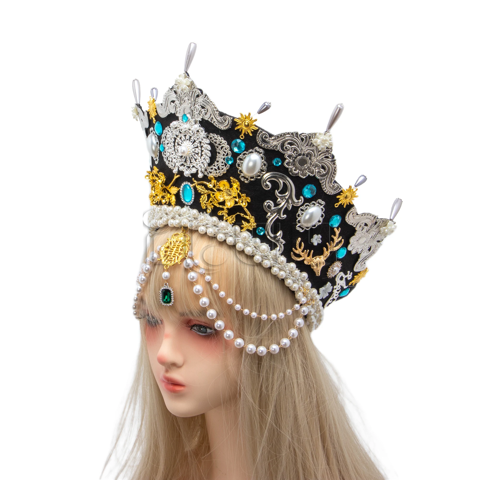 Renaissance Tudor Crown Headpiece Elizabethan Palace Style Retro Gorgeous Gothic Lolita Bead Chain KC Headband Hat Ornament