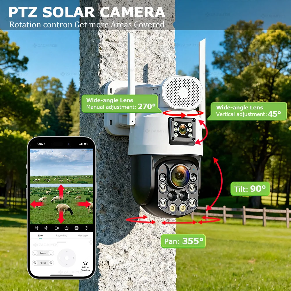 Câmeras de vigilância externas solares 4K 4G Sim 60X Zoom óptico AOV 7/24 Gravação Humana Rastreamento automático Câmera de segurança PTZ HiEasy