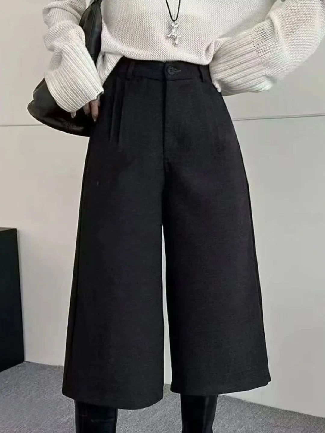 グレーウールワイドレッグパンツ秋冬厚手ルーズスリムナインポイントパンツハイウエストストレートチューブカジュアルパンツ