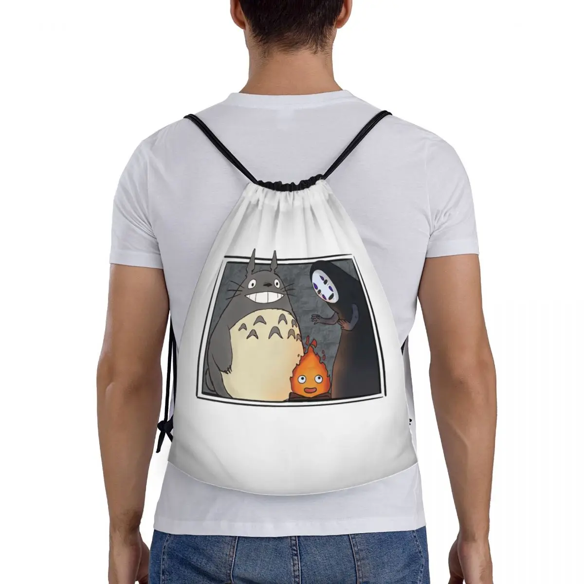 Three Ghibli Friends Backpacks Portable Drawstring Bags Shoes Bag Book Bags for Man Woman Students