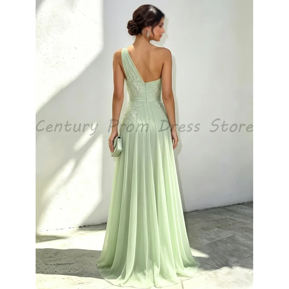 Green One Shoulder Chiffon Evening Dress Ruched Bodice Floral Lace Appliques A‑Line Floor‑Length Formal Prom Gown