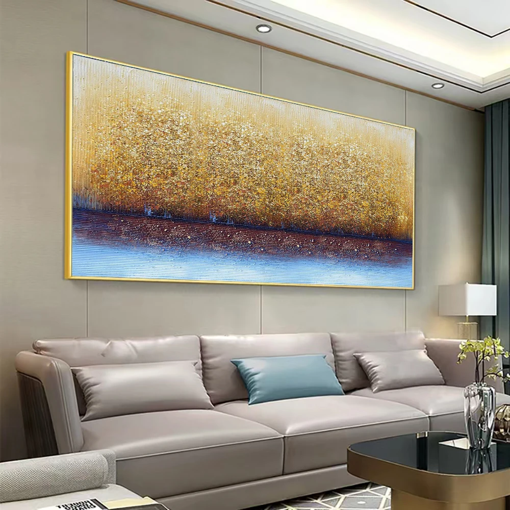 Hand Painted Abstract Gold Texture Sparkling Oil Canvas Painting Handmade Skyline Seascape Oil Artwork for Livingroom Wall Decor