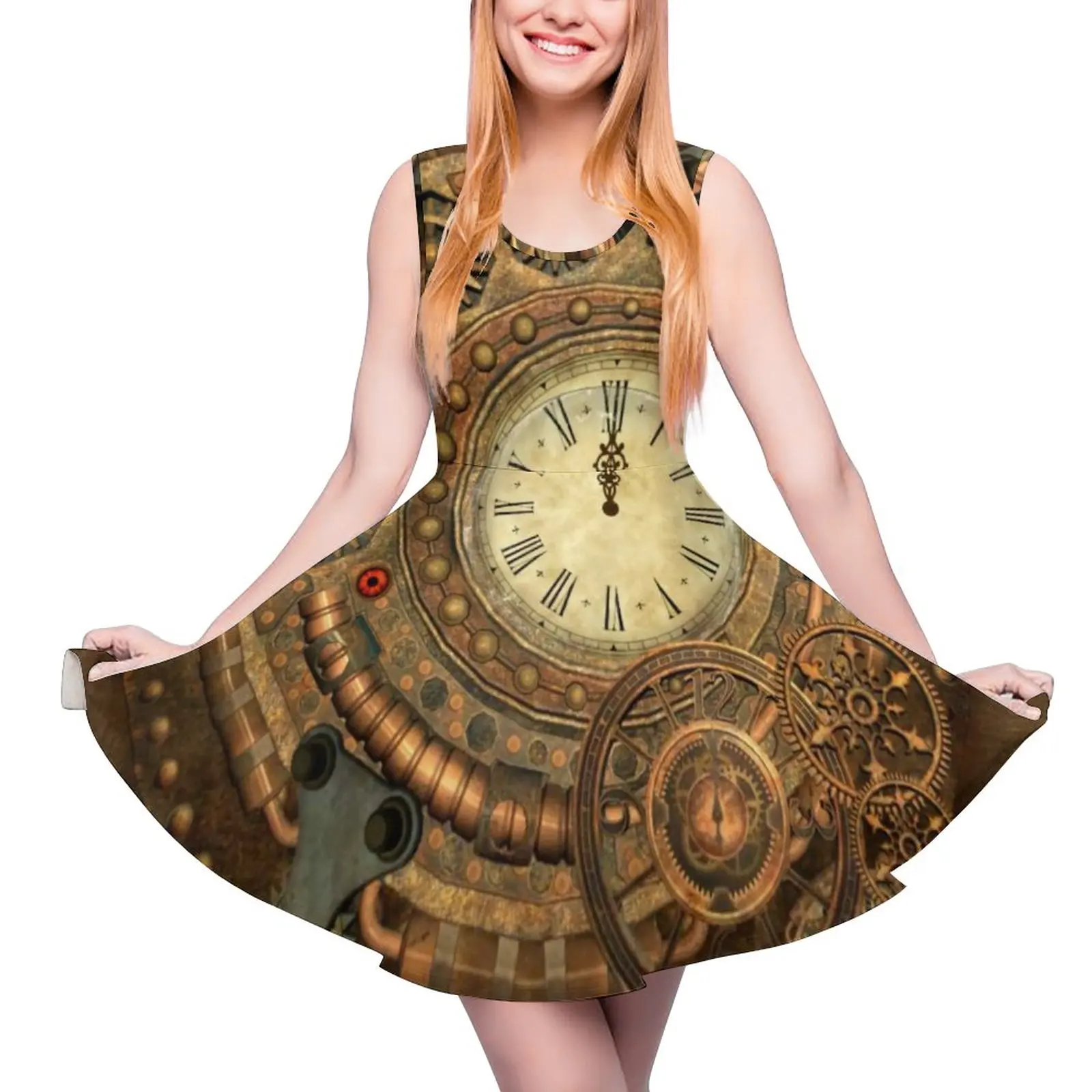 Steampunk Design Dress Wonderful Clockwork Vintage Simple Dresses Female Sexy Skate Dress High Waist Printed Clothing Large Size