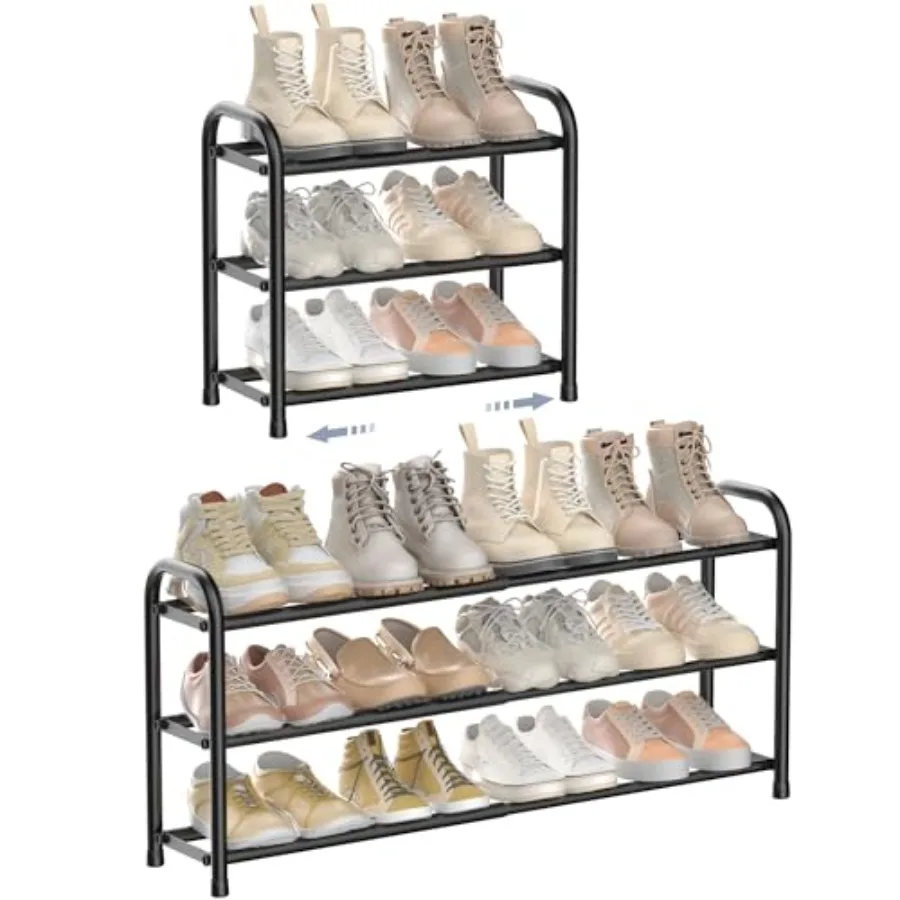 

Expandable Shoe Rack 3 Tier Adjustable Shoe Organizer Shelf for Closet Black Metal Free Standing Shoe Rack Storage for Small Sp