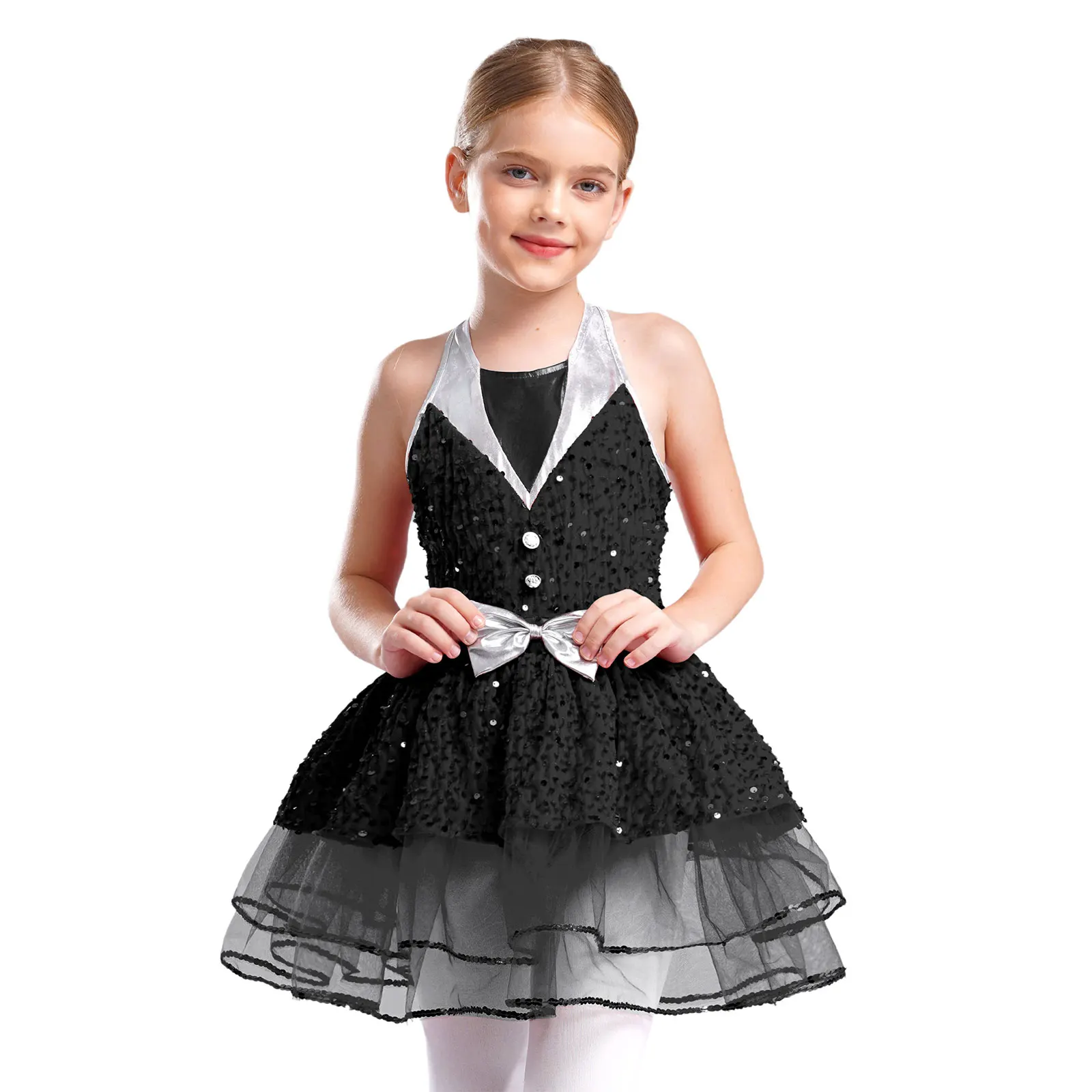 Kids Girls Dance Performance Costume Shaggy Party Dress Halter Sleeveless Backless Glittery Sequins Velvet Tutu Dress Tutu Skirt