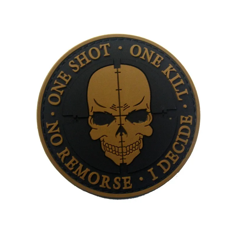 Tactical PVC Patches 3D Black Sniper One Shot One Kill No Remorse I Decide Morale Badge Rubber Fastener Applique Backing Sticker