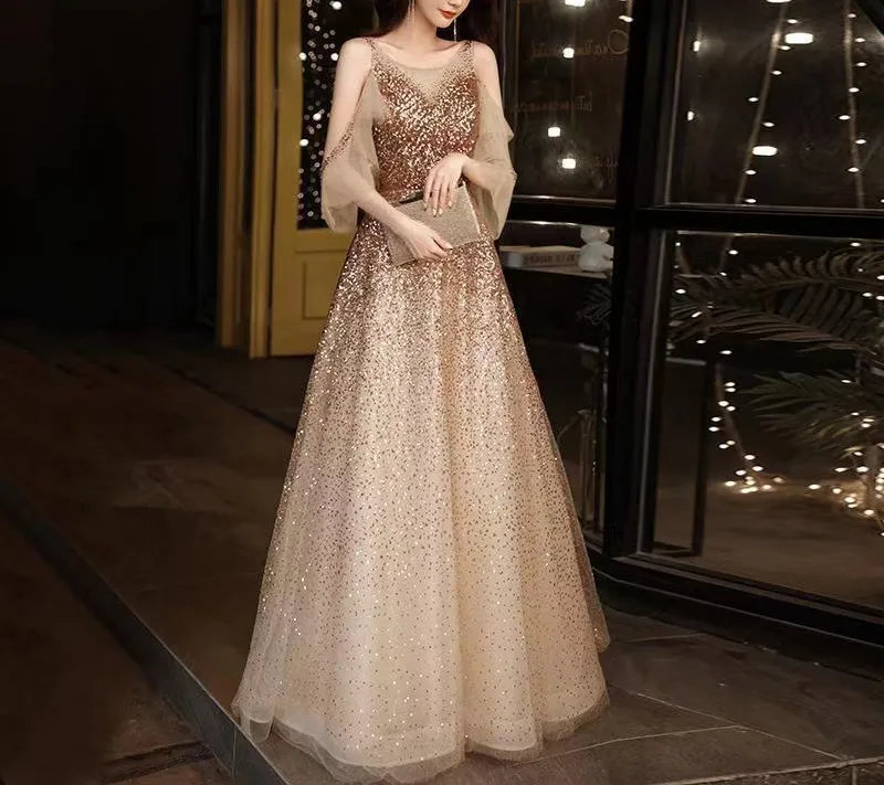 Vestido De Noche De lentejuelas doradas para mujer, elegante vestido De encaje con cuello redondo, corte en A, largo hasta el suelo, brillante, para fiesta De graduación