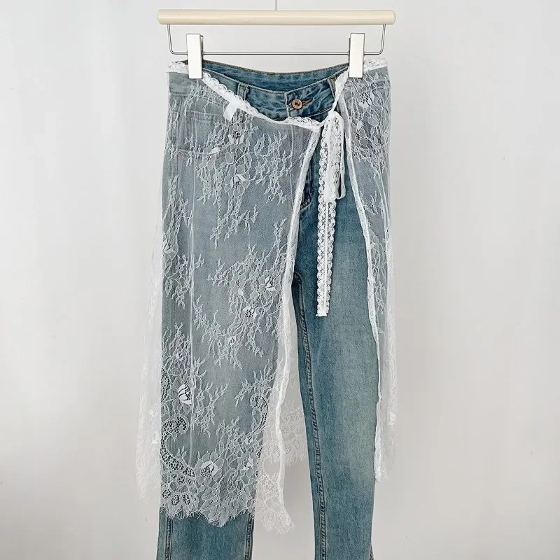 ميدي التنانير النسائية الدانتيل الرباط تصميم أنيق الكورية نمط الربيع الصيف ألف خط عالية الخصر غير النظامية الجانب الشق موضة الشارع #6