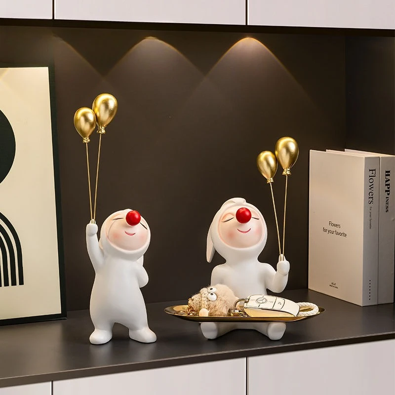 Creative Decoration Clown Portrait Bust Sculpture Gold Candy/Key Storage Tray Cute Cartoon Children Holding Balloon Statue