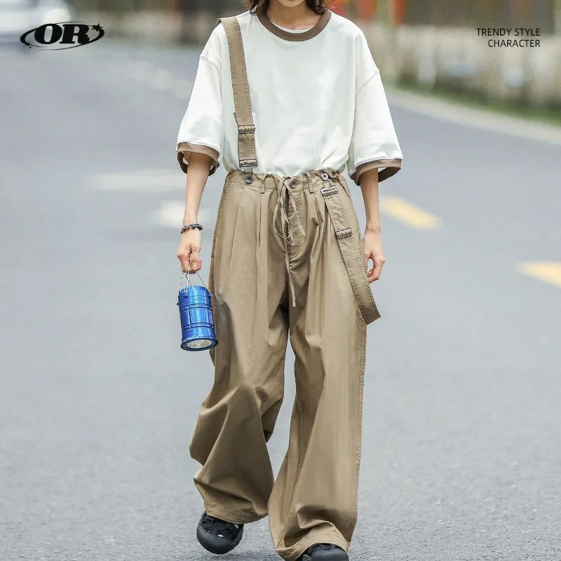 

OR FL Detachable Shoulder Strap Design Sense Lantern 100 Cotton Women Cargo Trousers Retro Pull Rope Trendy Brand Y2k Overalls