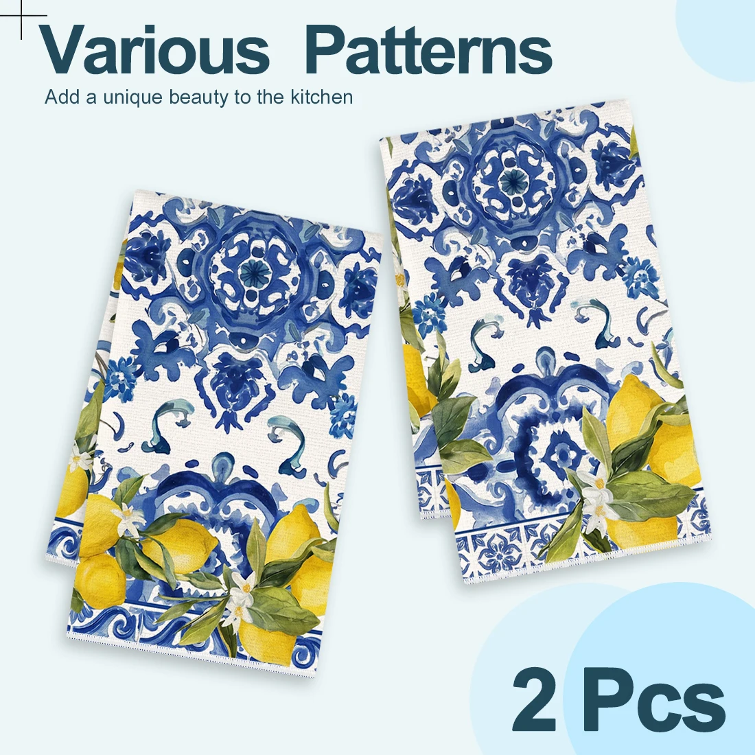 2pcs Set Kitchen Towels Blue And White Porcelain Lemon DesignHand Towels Christmas Decorations For Home Noel Dish Towels Gifts