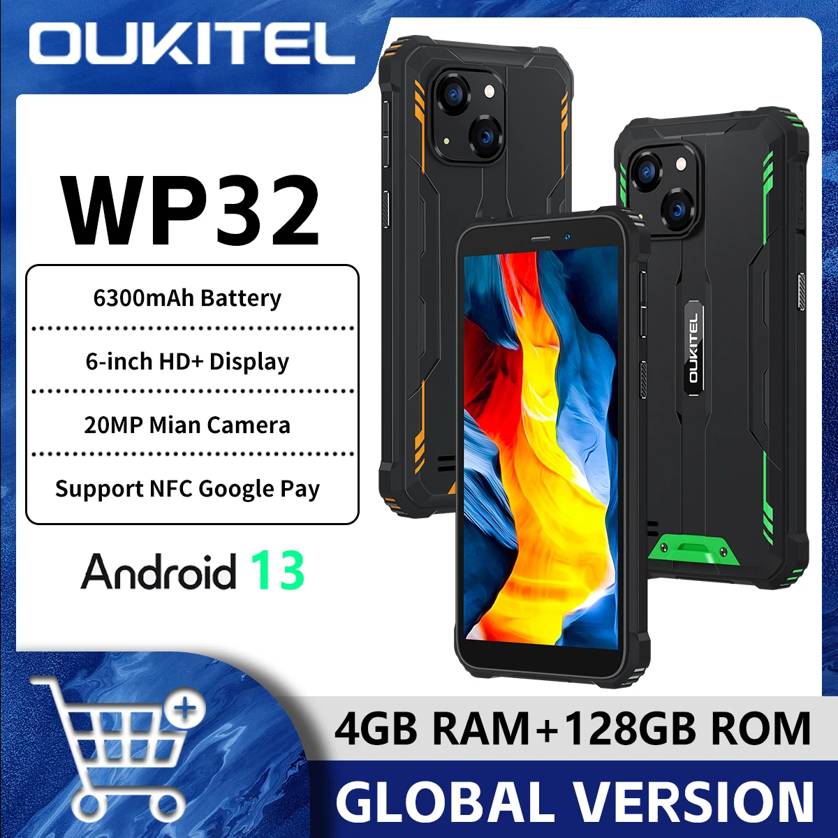 Oukitel wp32 smartphones robustos 5.93 Polegada hd 4g octa núcleo 4gb + 128gb android 13 telefone móvel 6300mah bateria 20mp câmera dupla nfc