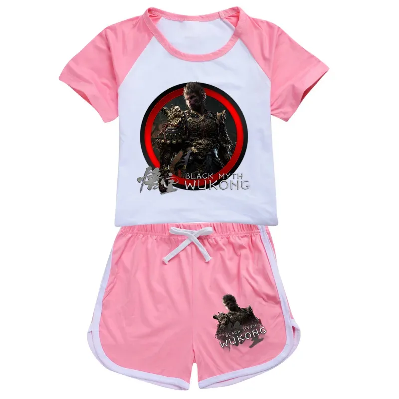 111 www لعبة جديدة الأسود أسطورة Wukong طباعة الاطفال زي طفل الفتيان ملابس مريحة هدية عيد ميلاد تي شيرت + السراويل 2 قطعة الدعاوى ل