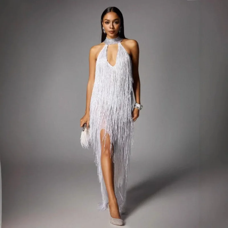 New Arrival Ladies Sexy Low-cut High Split Sleeveless Tassel Dress European and American fashion Party Dinner Dress