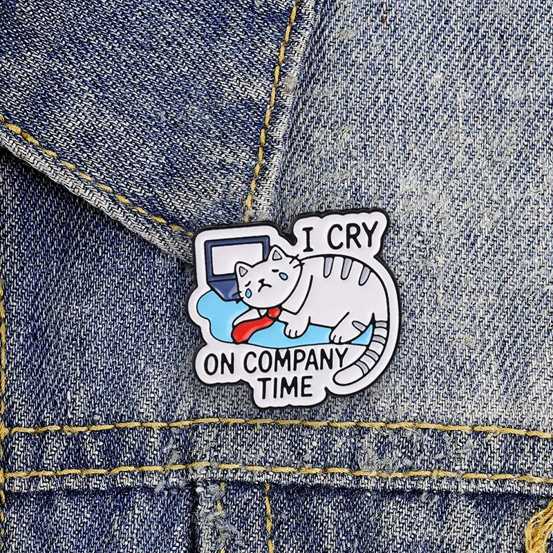 Workplace Humor Enamel Badge I Cry On Company Time Cat With Tie Laptop Pin Brooch Jewelry Gifts For Office Workers