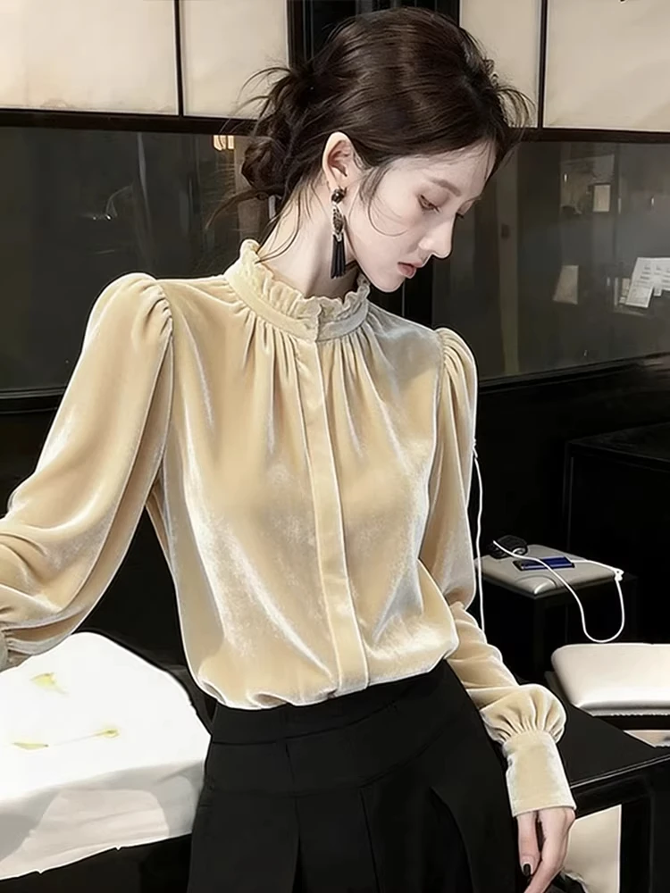 

Элегантная бархатная женская рубашка с воротником-стойкой и кружевной отделкой, нежная, вне времени, осенне-зимняя, модная, стройнящая, во французском стиле, с длинным рукавом