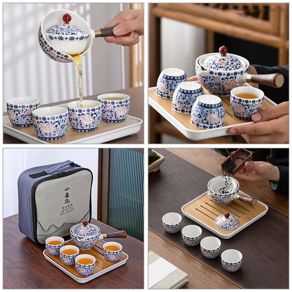 

1 комплект, портативный дорожный чайный сервиз, керамическая чайная посуда кунг-фу, безопасная для отдыха, керамический чайник, вращающийся чайник, набор чашек