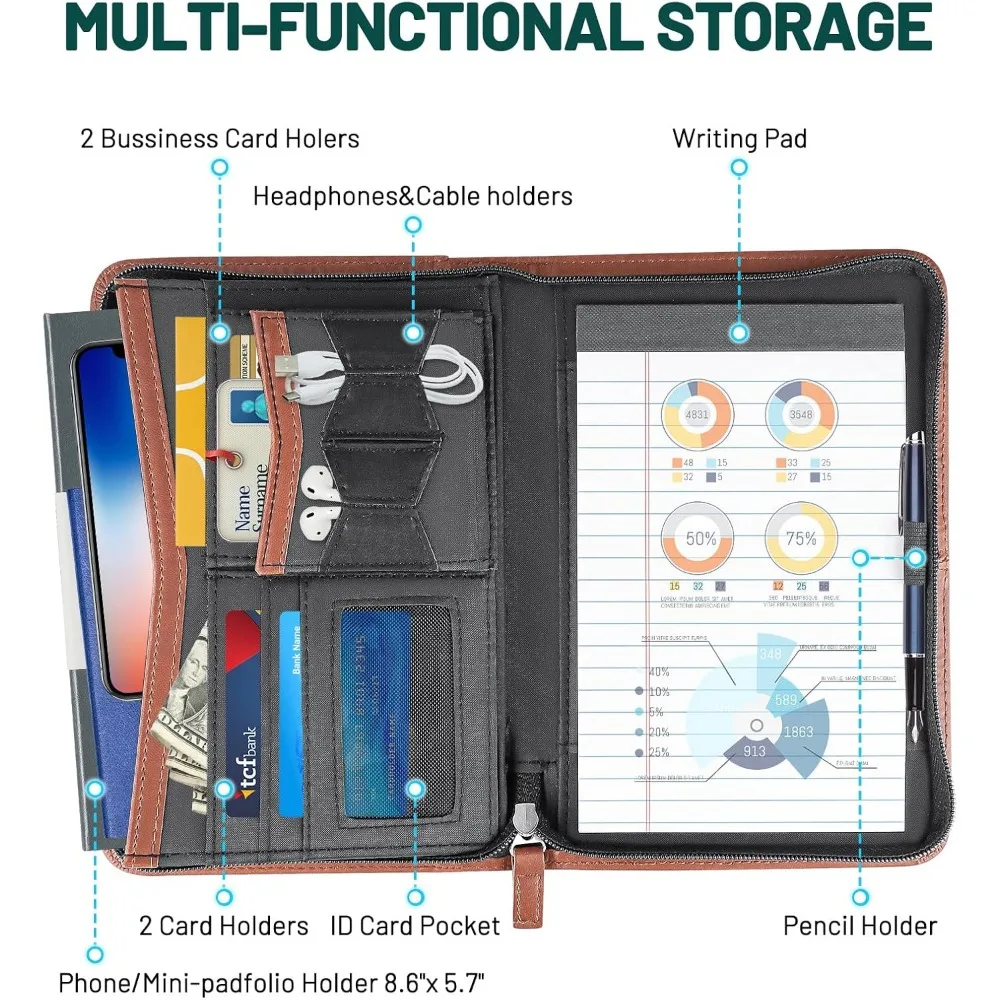Padfolio Portfolio Organizer Binder Interview Resume Folder Zippered Business Portfolio Faux Leather Padfolio Portfolio Binder f