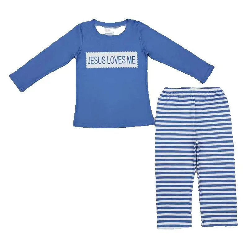 

BLP0766 Jesus Loves Me Blue Long Sleeve Striped Pants Set - Infant Boy's Outfit Comfortable Cotton Clothing
