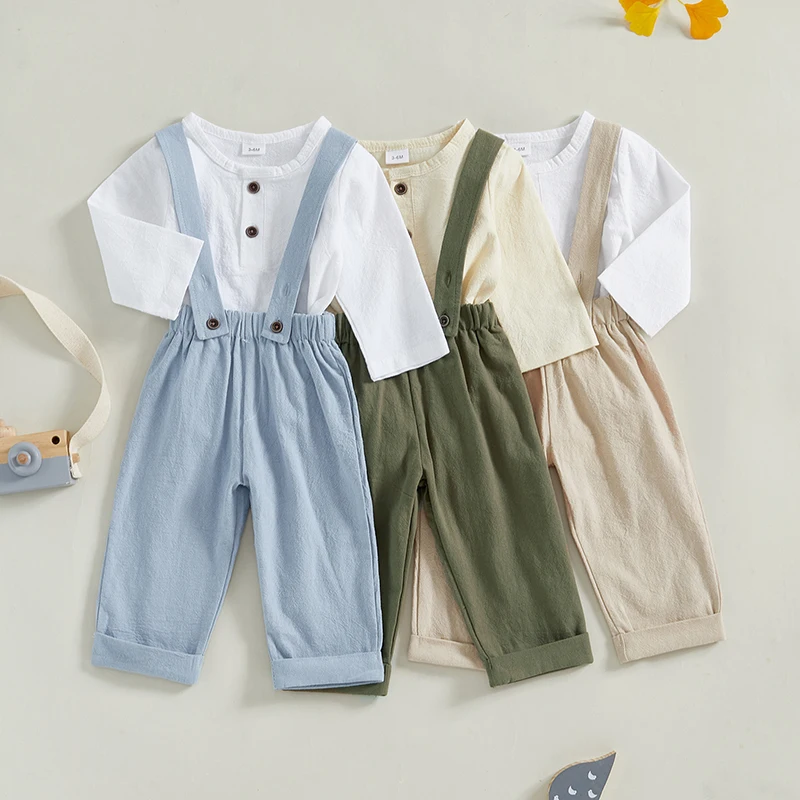 Toddler Baby Boys 2PCS Outfit Sets Long Sleeve Crew Neck Button Up Romper Solid Color Suspender Pants Sets