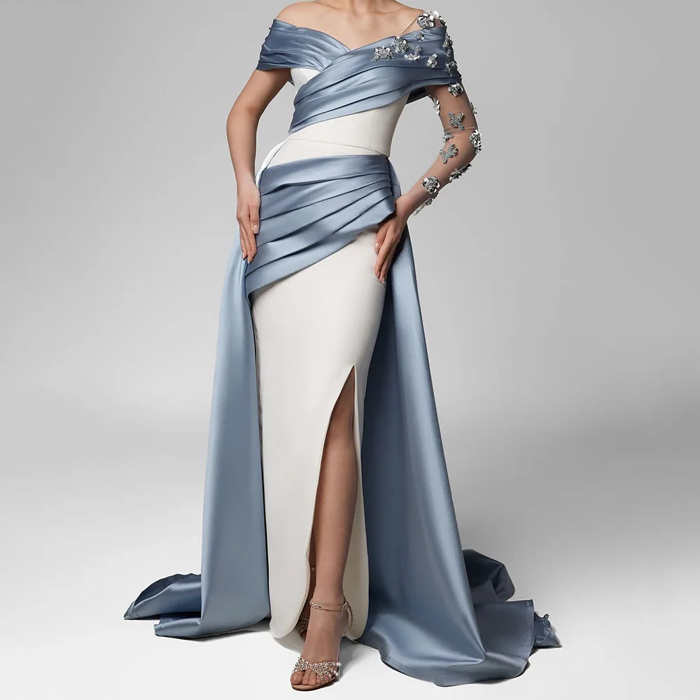 

Customized Mermaid Prom Dresses Floor-Length Off The Shoulder Full Sleeve Evening Gown Fashion Sequined Flowers Pleat Party Gown