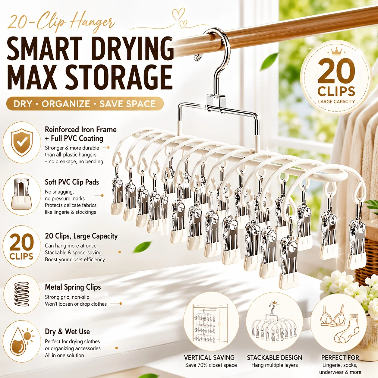 Metal Clip Hanger with 20 Clips, Stackable Space Saver Closet Organizer for Pants Underwear Scarves