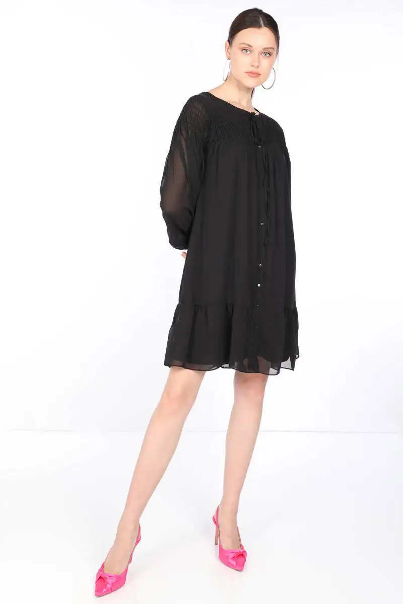 Women Black Button Chiffon Dress