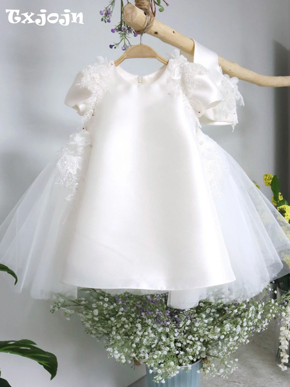 Exquisite Glitter Beaded Flower Girls Dresses For Wedding Classic O-neck Short Sleeve Princess Gown For Kids Birthday Customized