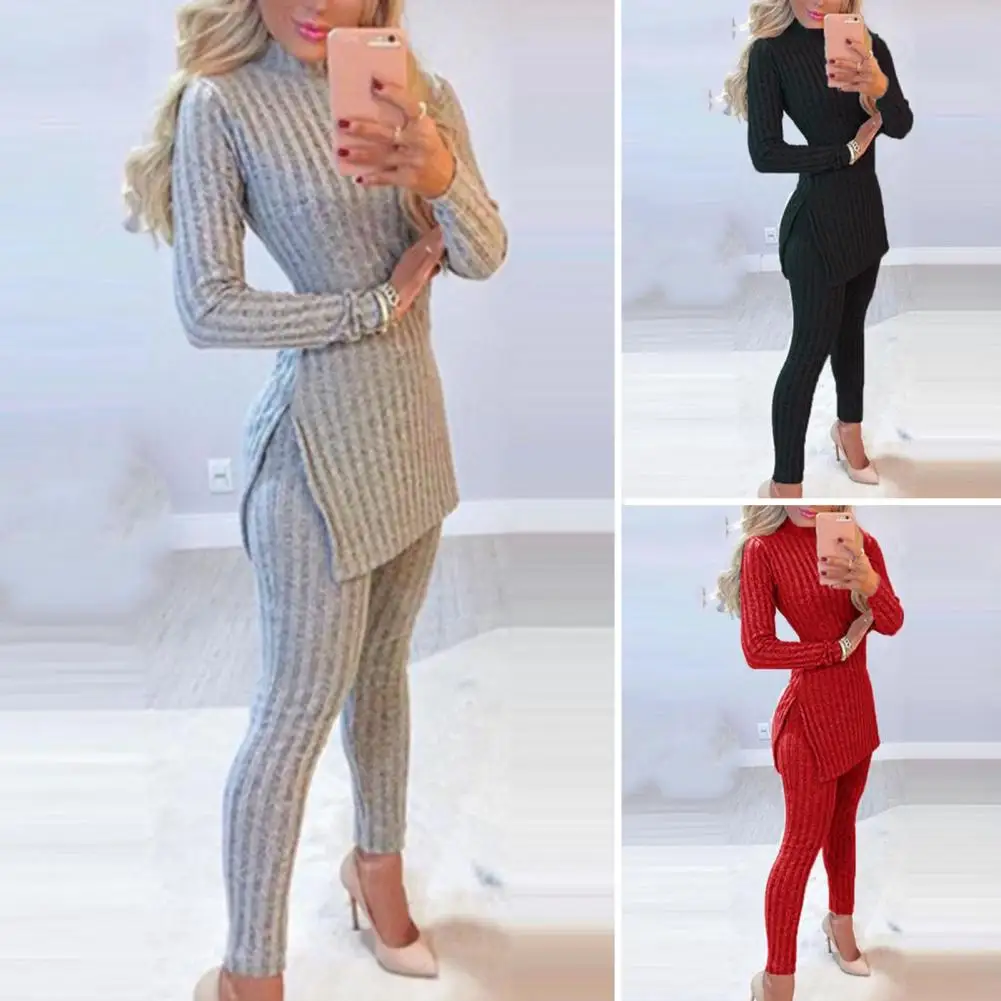 

Women Winter 2pcs Suit Long Sleeve Ribbed Slit Long Top and High Waist Knitted Pencil Pants Set