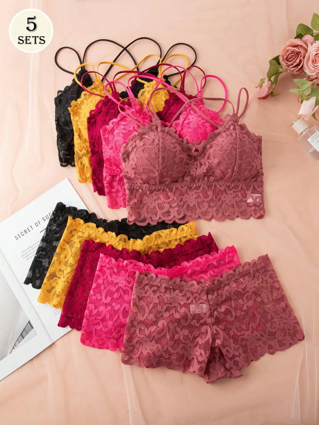 Conjunto de Lingerie de Renda com 5 Peças, Sutiã Sem Arame e Shorts Combinando para Primavera e Verão
