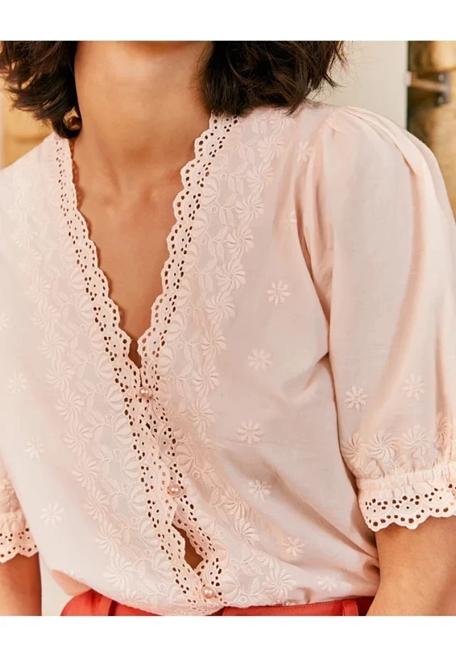 V-neck Embroidered Lace White Blouse for Ladies Single breasted Commuting Women 2024 New Pearl Button Hollow Out Shirts