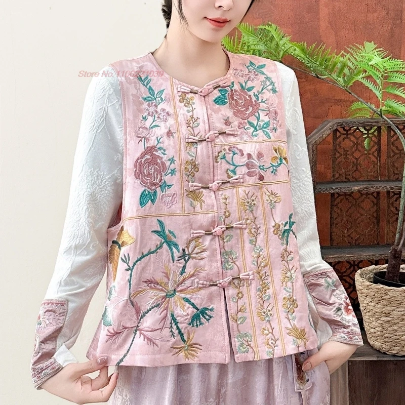 

Традиционный китайский жилет ханьфу 2026 года, винтажный, из сатина с жаккардовым узором, с круглым вырезом, с национальной цветочной вышивкой, без рукавов