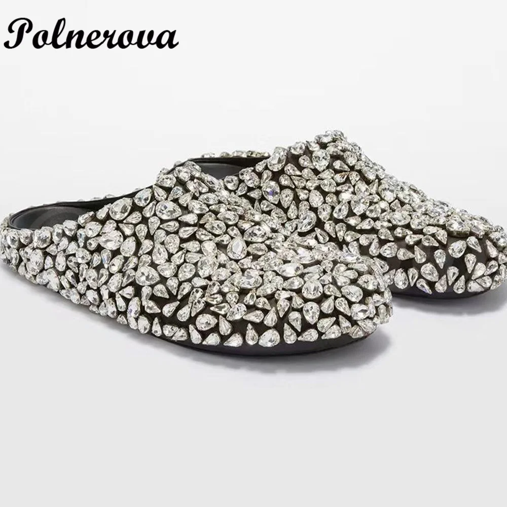 Luxury Brand Design Rhinestone Slippers for Female Round Toe Flat Shoes Comfort Genuine Leather Summer Party Women Wedding Shoes