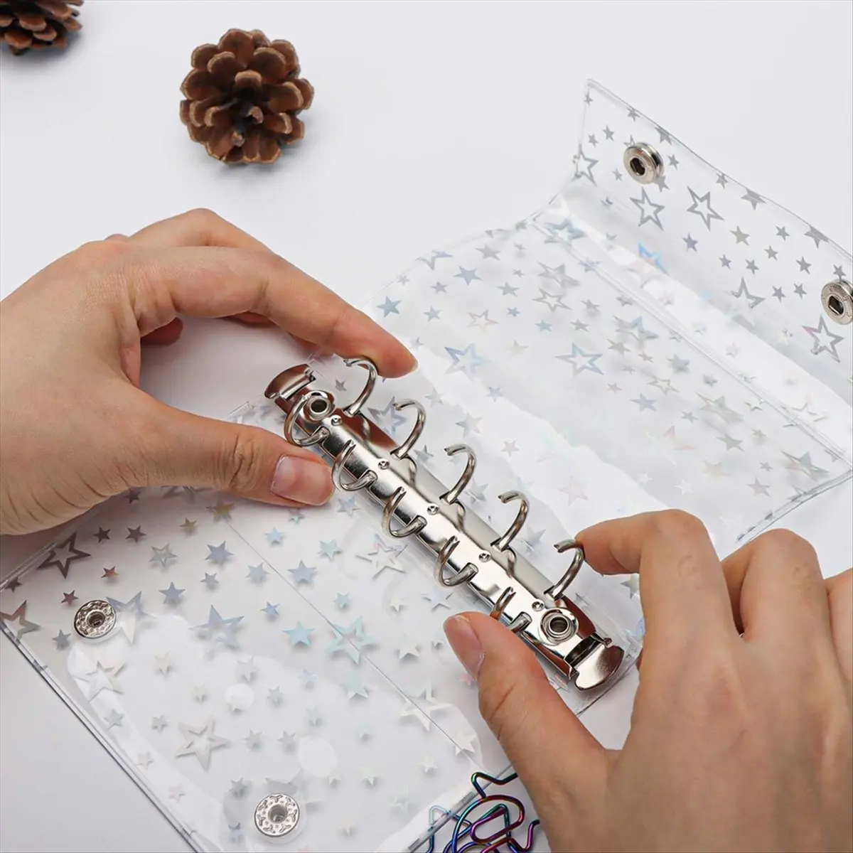 Latest ABBQ-A8 Budget Binder Cover Clear PVC 5 Ring Binder Glitter Star Refillable Notebook Shell Protector with 2 Snaps