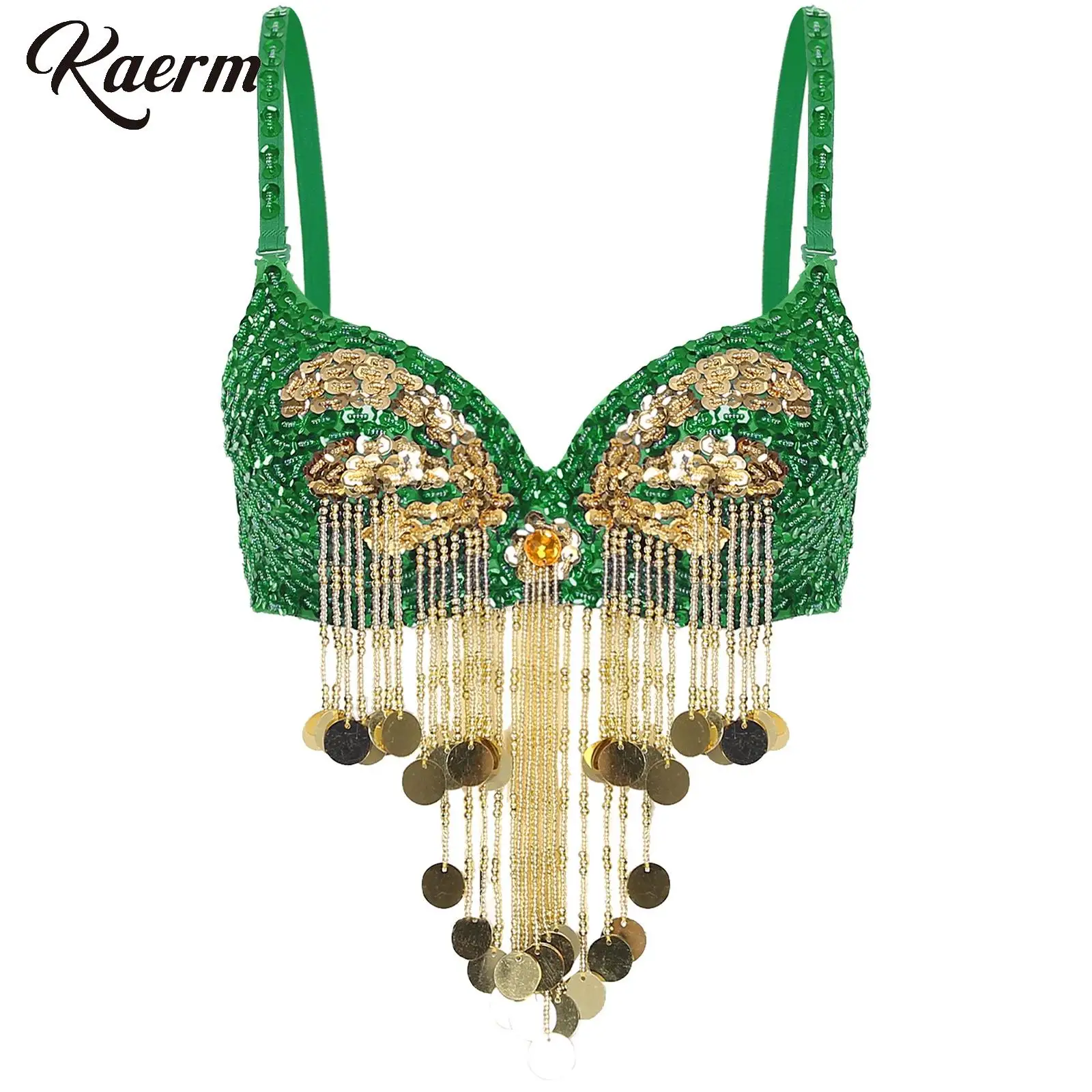 Women Belly Dance Wear Beading Tassels Adjustable Straps Shiny Sequins Underwired Bra Belly Dance Tops Stage Performance Costume