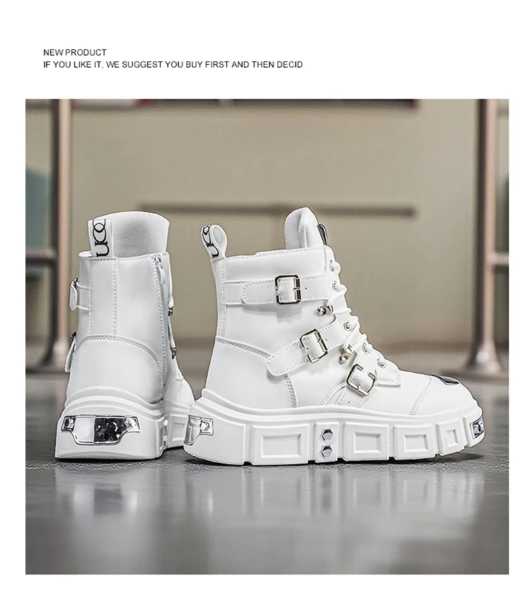Herren-Streetwear-Stiefel in Uni-Farbe, High-Top, mit Metallschnalle, im Punk-Stil, Motorradstiefel – Detail 9