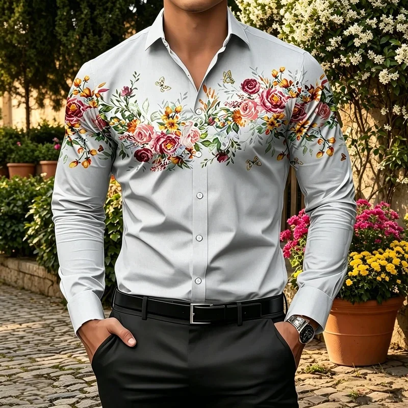 Men's butterfly partial print lapel slim fit long sleeve shirt floral ink painting shirt, vacation light luxury cardigan top