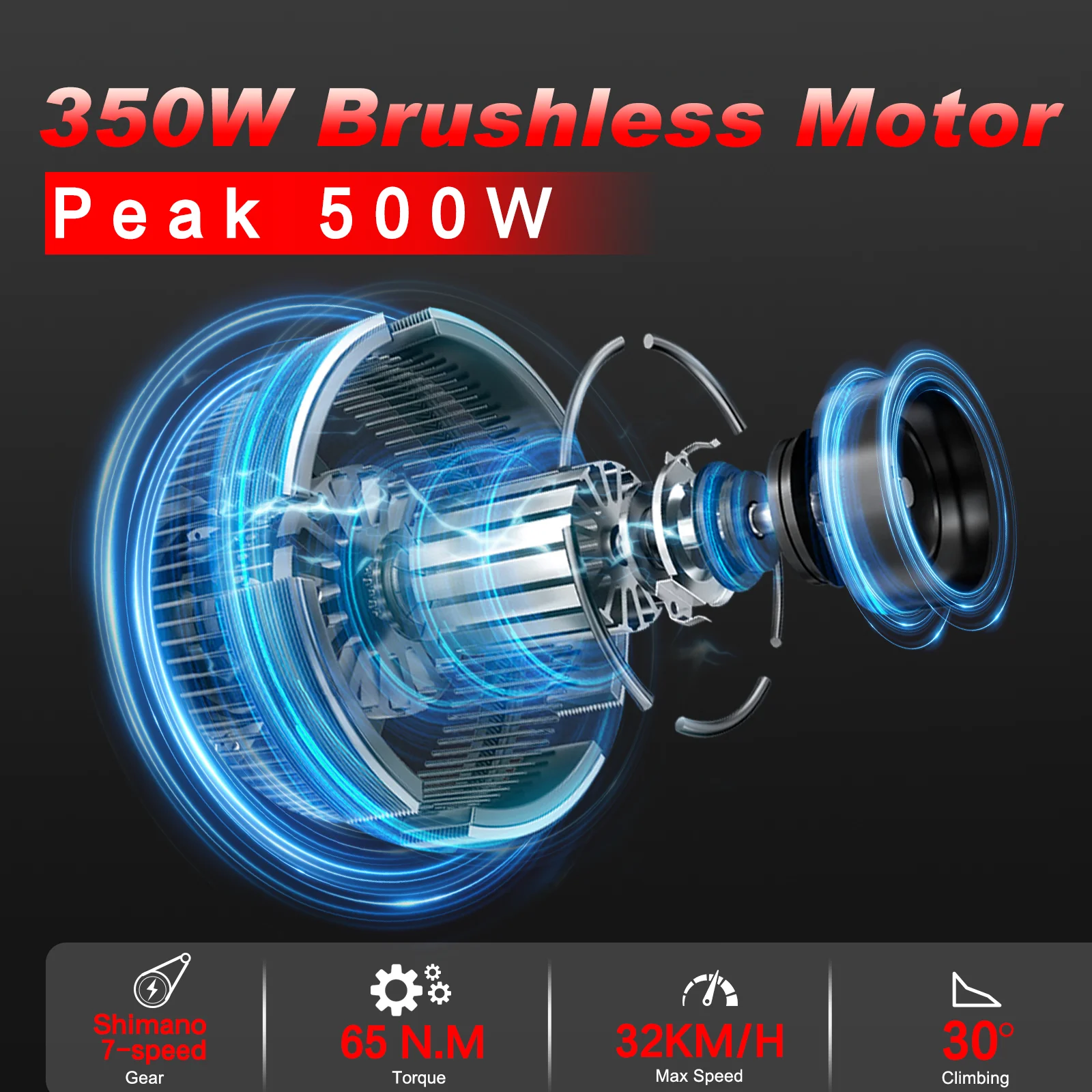 Silnik bezszczotkowy 350W, rower elektryczny 24-calowy, 36V 13AH, mechaniczne hamulce tarczowe, udźwig 150 kg, prędkość 32 km/h, 7 biegów, wyświetlacz LCD, 3 tryby jazdy