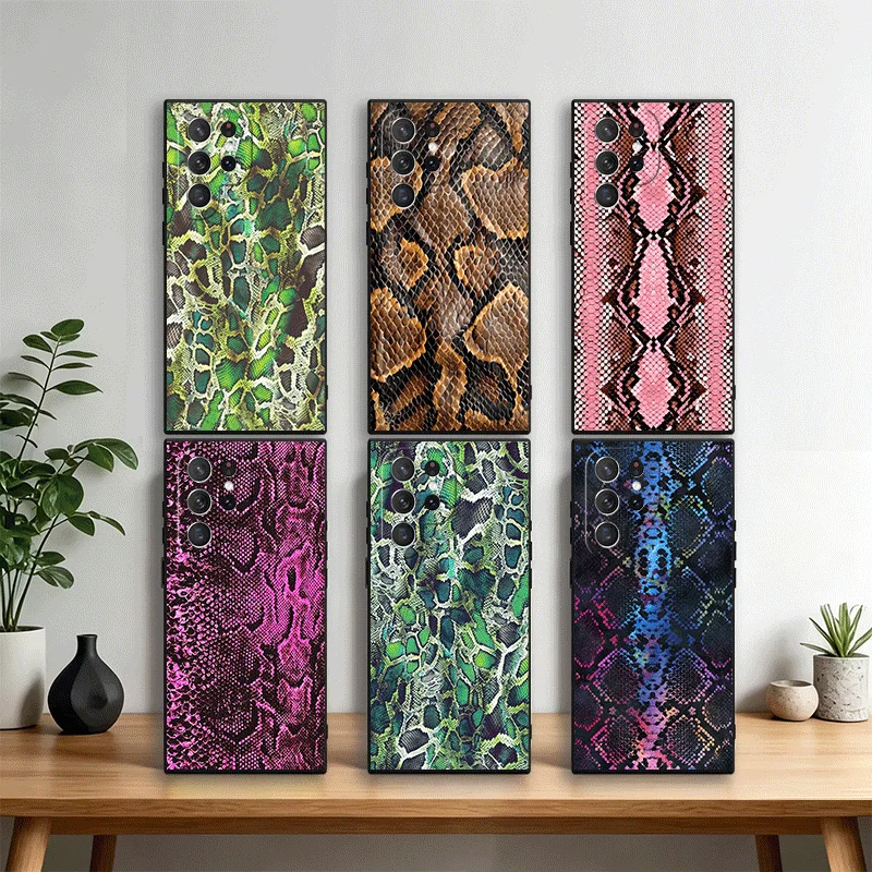 Fashion Snake Skin Pattern Phone Case Cover for Samsung Galaxy S22 S23 Plus S24 FE S25 Edge S26 Ultra S20 S21 + Black Soft Shell