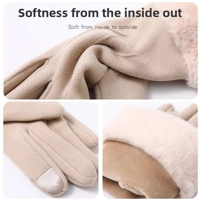Women Gloves Autumn Winter Velvet Thickened Warm Touch Screen Windproof Cold Proof Outdoor Driving Tram Riding Thermal Skiing