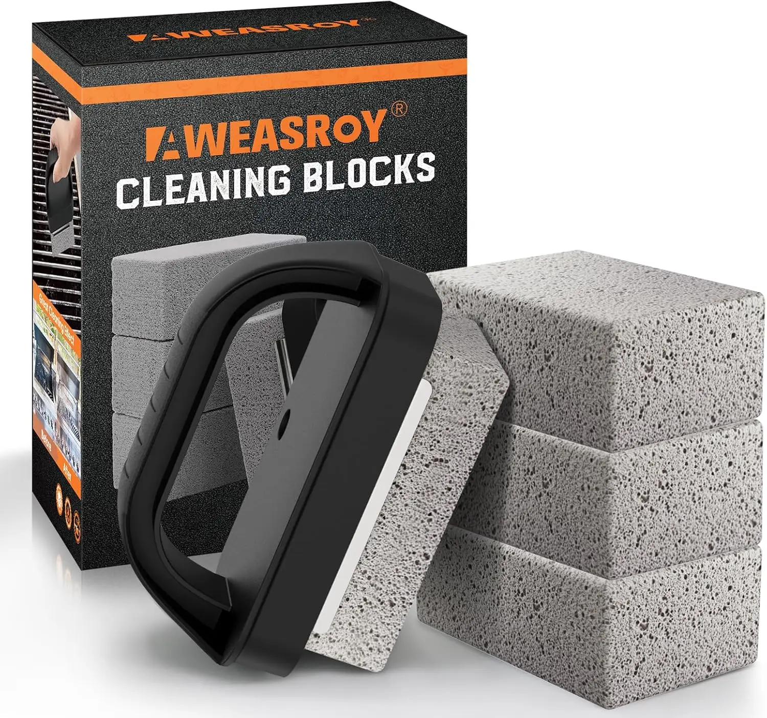 

Heavy Duty Grill Cleaner, 4 Pack Pumice Griddle Cleaning Stones with Handle, Removes Stains for BBQ, Pool, Sink