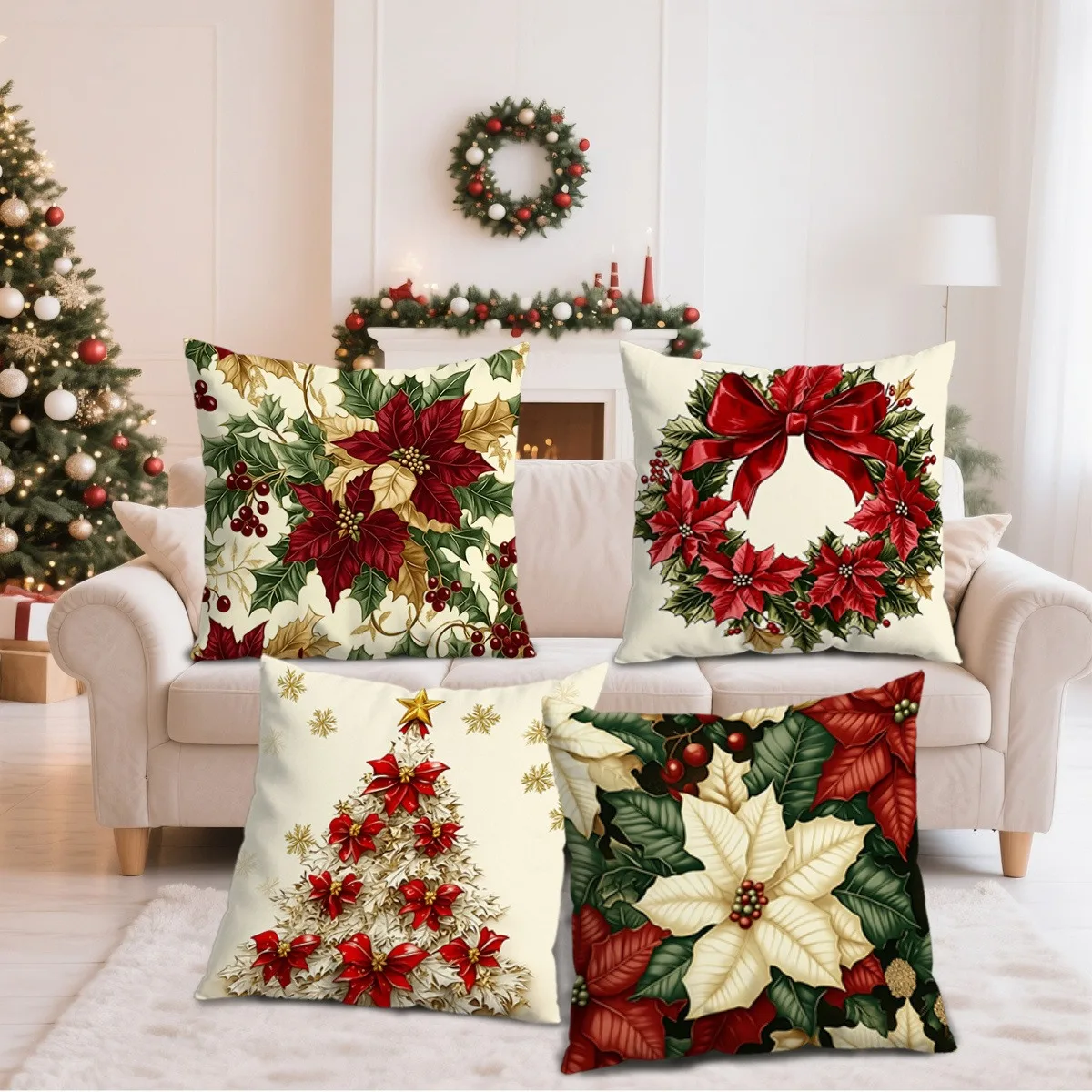 Christmas pillowcase: Christmas tree, garland with red and gold colored leaves, New Year home decoration 2d flat printing