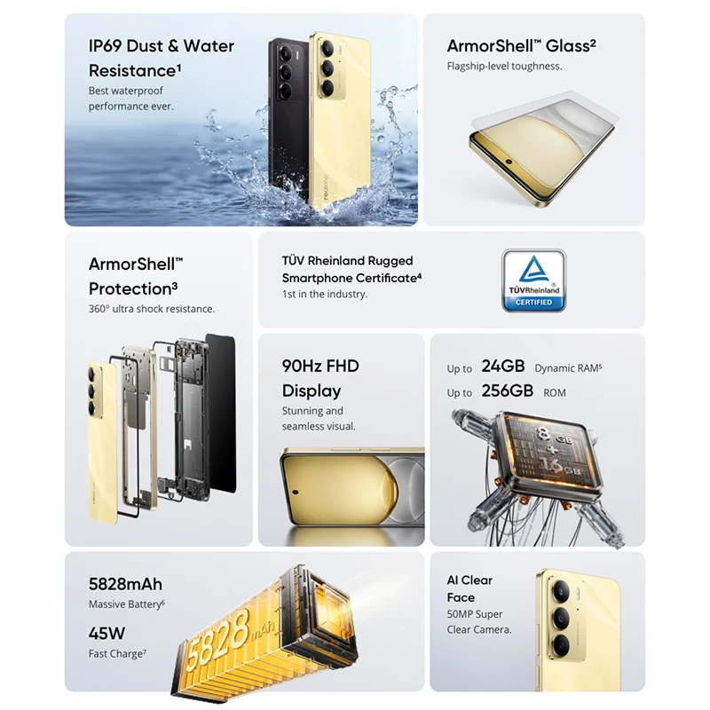 realme C75 4G Smartphone IP69 IP68 Dust & Water Resistance Military Grade 5828mAh 45W Reverse Charge Rugged