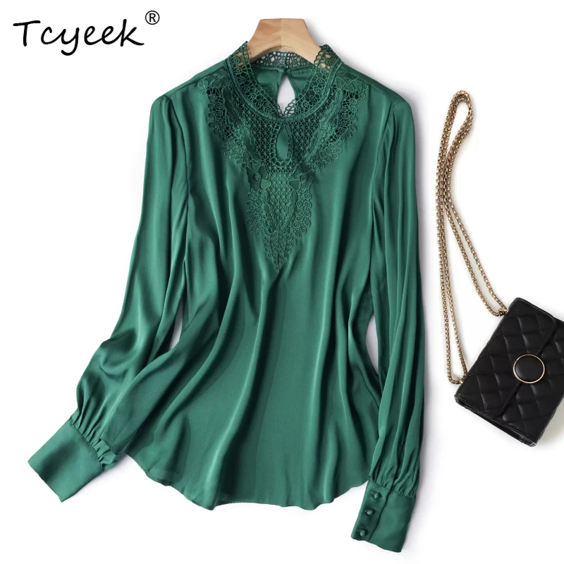 

Tcyeek 92% Mulberry Silk 8% Spandex Spring Summer Korean Long Sleeved Slimming Stand Up Collar Green Women's Shirts חולצותנשים
