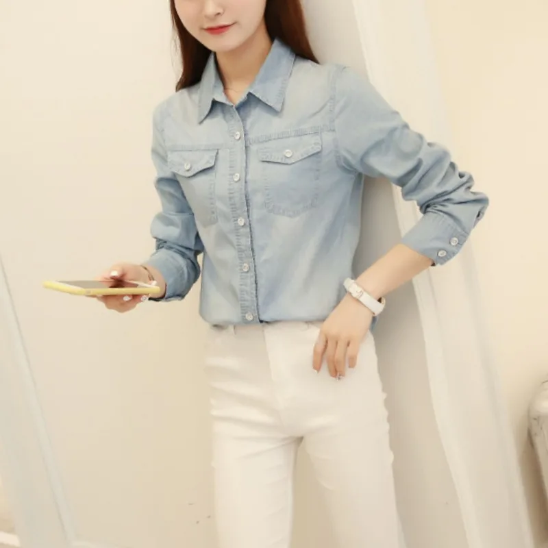 Women\'s Spring Autumn New Fashion Solid Color POLO Collar Button Pocket Casual Versatile Long Sleeved Slim Fit Denim Shirt Tops