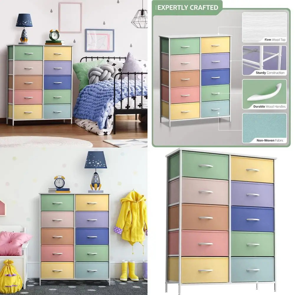 

10-Drawer Kids Storage Chest: Steel Frame, Wooden Top, Fabric Bins for Bedroom, Nursery, and Closet Organization