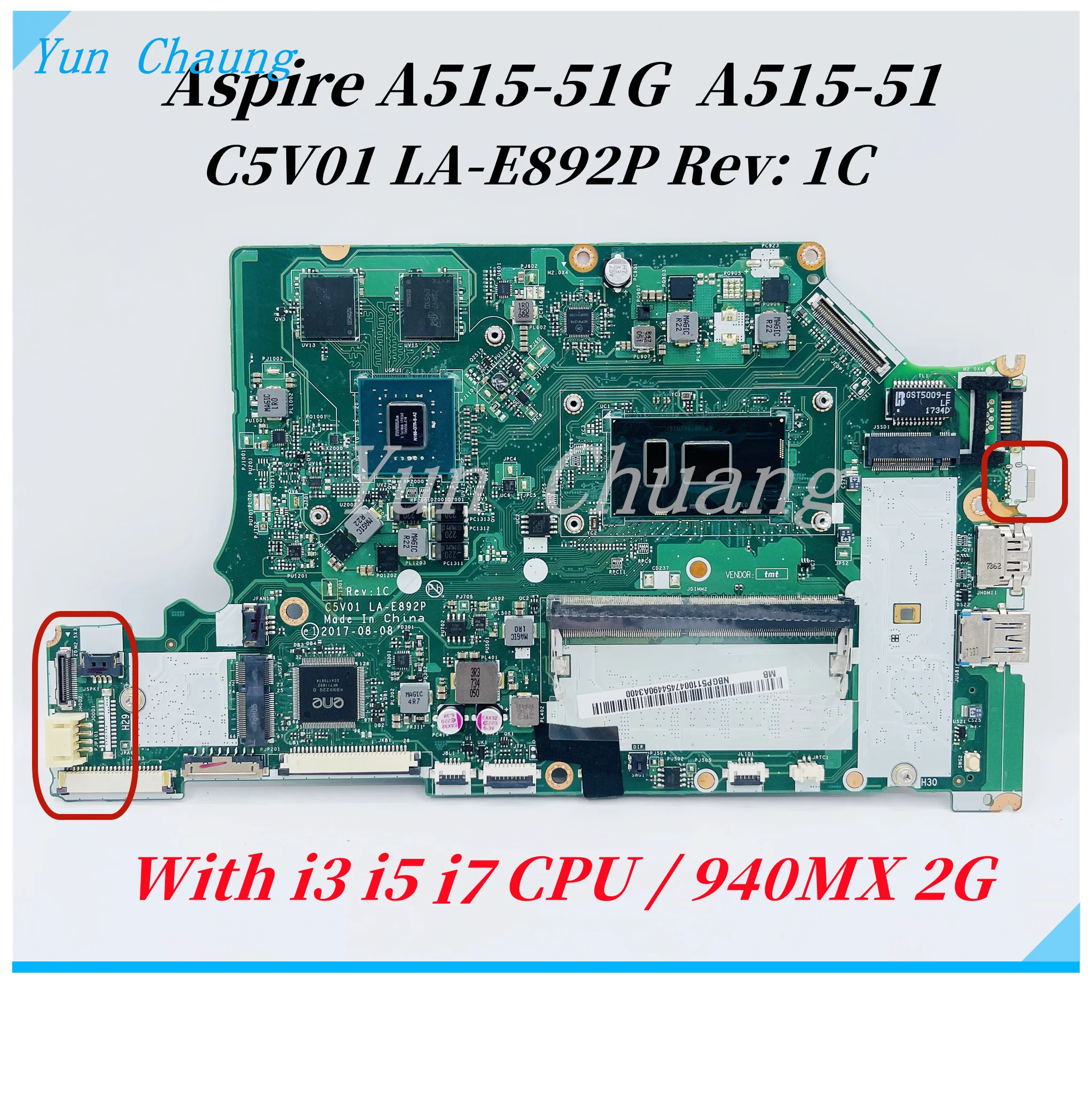 C5V01 LA-E892P Mainboard For Acer Aspire A515-51G A515-51 A615-51G Laptop Motherboard With i3 i5 i7 CPU 940MX 2G GPU 4GB-RAM