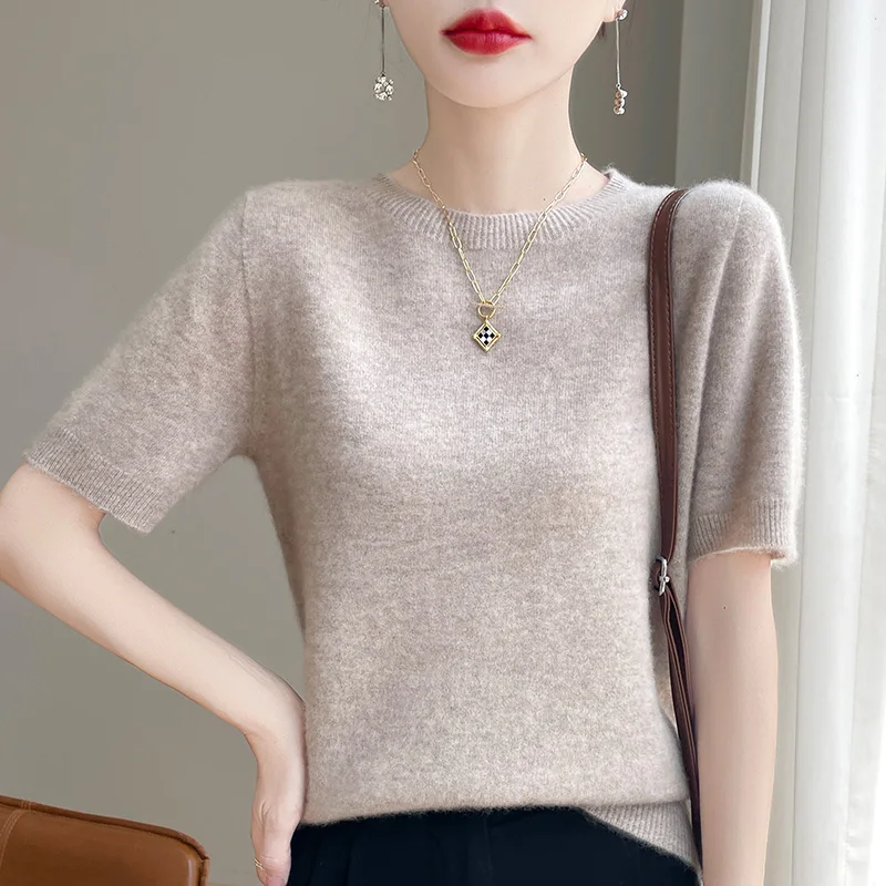 2025 Classic Seamless Cashmere Wool Pullover Fashion Short Sleeve Knitwear Sweater Round Neck Soft Warm Basic Clothing Tops