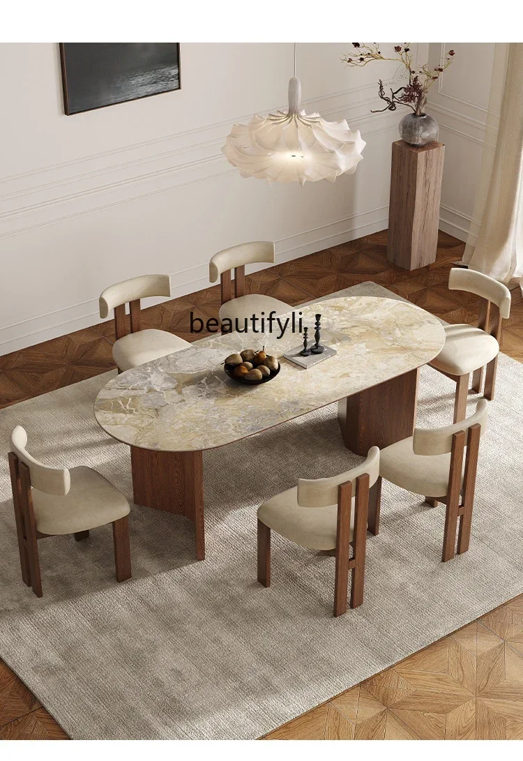 French retro solid wood rock slab dining table and chair combination simple oval designer dining table